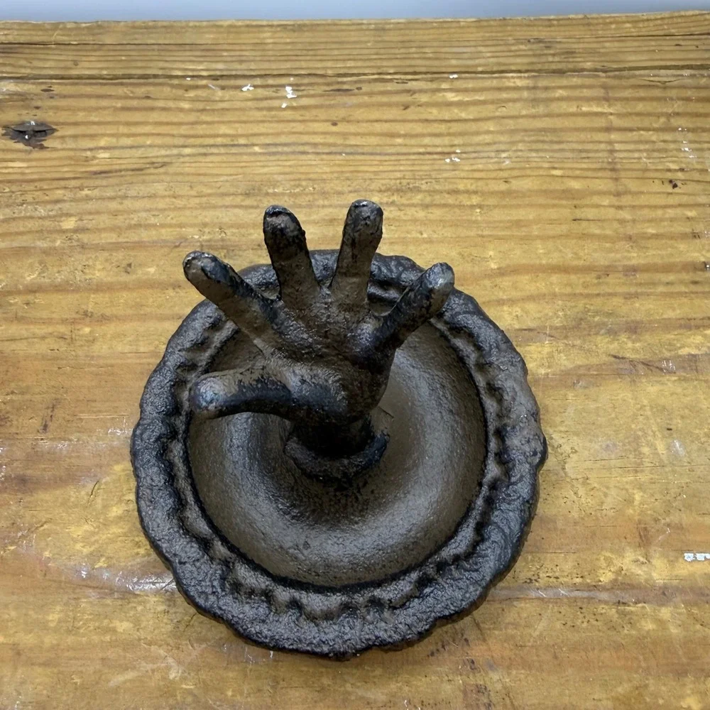 Cast Iron Hand Ring Holder Jewelry Dish Rustic Trinket Tray Dark Brown Decor